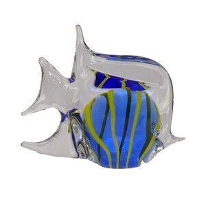 Art Glass Angel Fish Paperweight Nautical Decor Figurine Blue Yellow